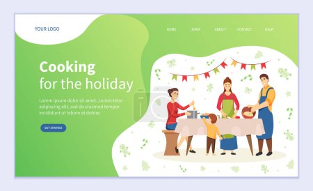 Cooking for holiday vector, christmas preparation of family. Mother and father with kids making dishes, New Year celebration. People at kitchen. Website or webpage template, landing page flat style