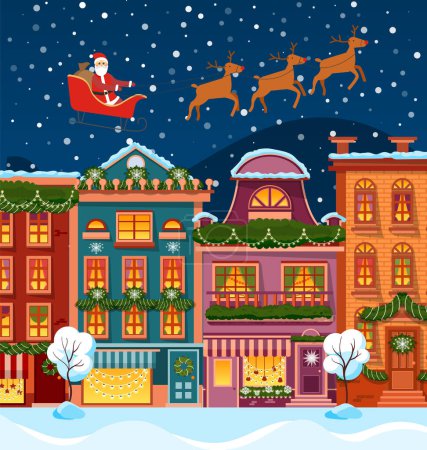Illustration for Winter cityscape with houses and streets decorated for christmas. Santa Claus on carriage with reindeers at sky. Snowing weather in village. Xmas celebration in urban areas, seasonal holidays vector - Royalty Free Image