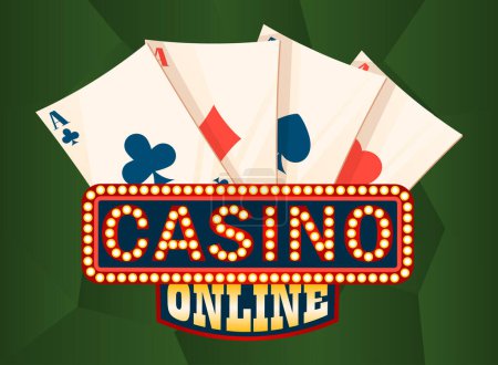 Casino tablero ligero en línea y tarjetas de juego, cubierta verde de entretenimiento de riesgo. Ace signo y tablero con bombillas, etiqueta de la fortuna, vector de negocio