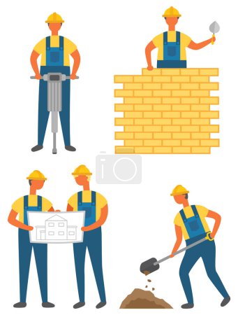 Illustration for Workers and tools, building or construction works vector. Drilling ground and brick wall, house draft or scheme, digging soil, isolated characters - Royalty Free Image