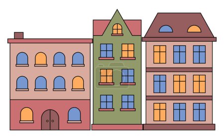 Illustration for Houses in row vector, isolated buildings with windows and light in them. Suburban homes of citizens, residence with entry and roof with chimney. Constructions of brick and wood in flat style - Royalty Free Image