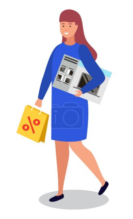 Illustration for Female character walking with purchased items in hands. Isolated personage holding microwave oven appliance for kitchen and cooking. Woman carrying paper bag with percent symbol of sale vector - Royalty Free Image