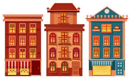 Illustration for Houses set vector, isolated buildings exteriors. Architecture of city, town or village. Modern and vintage design of construction. Floor decorated with stars and garlands for Christmas celebration - Royalty Free Image