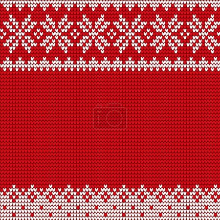 Illustration for Christmas decorative background, pattern vector. Holiday white ornament of snowflakes on red canvas. Sweater with traditional winter embroidery, fancywork. Xmas celebration postcard, illustration - Royalty Free Image