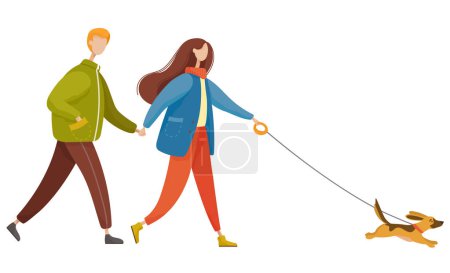 Woman and man on date, play with dog outdoor vector. Couple walking together with pet on leash, activity illustration. People holding their hands, love relations or friendship. Autumn warm weather