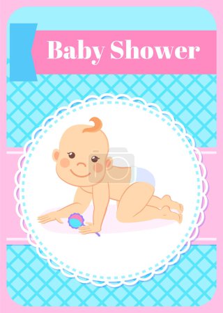 Illustration for Baby shower greeting card, round napkin framing and six or seven kid month standing on knees with rattle in hands, infant in diaper. Vector newborn toddler - Royalty Free Image