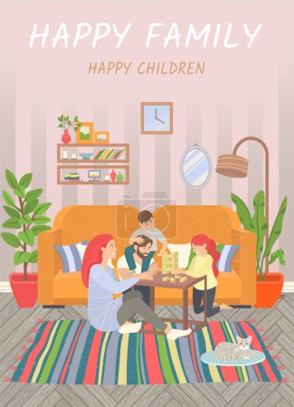 Illustration for Happy family of parents and children at home on floor playing games. They sitting on carpet and play jenga. Happiness and cosiness. Mother and father, son and daughter. Vector illustration flat style - Royalty Free Image