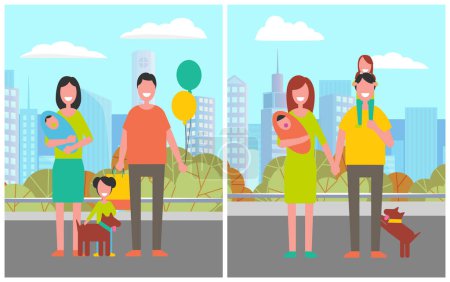 Illustration for City park relaxation, man and woman with dog walking in town. Greenery and nature of urban area, male and female with children and balloons holidays. Vector illustration in flat cartoon style - Royalty Free Image