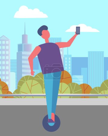 Illustration for Man walking alone in urban park in summer. Guy riding hoverboard or gyroscooter on asphalted street. Beautiful cityscape, landscape and view of city on background. Vector illustration in flat style - Royalty Free Image