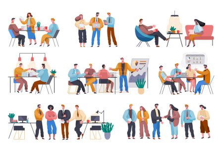 Illustration for Business meeting of entrepreneurs and workers. People in office discussing plans and strategies of company. Business team working in office sitting by tables and listening to presentation. Teamwork - Royalty Free Image