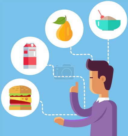 Illustration for Man with collection of food icons. Eating habits, food mind map planning. Healthy and junk meals set. Breakfast and dinner, lunch or brunch dishes to consume. Nutrition and diet infographics. - Royalty Free Image