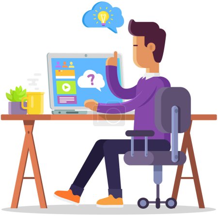 Illustration for Man freelancer working telecommuting with laptop siting at workplace. Telework mobile remote work working from home, WFH, flexible workstation. Businessman looks for information in social network - Royalty Free Image