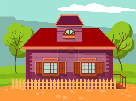 Illustration for Building made of wooden material vector. Rural area or small town with greenery of nature. Home with trees and fence. Spring or summer season in city. House with windows and porch flat style - Royalty Free Image