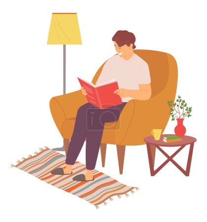 Homme assis dans un confortable fauteuil vecteur, personne avec livre à la maison, homme portant des pantoufles, lampe et table avec vase et plante florissante, tapis