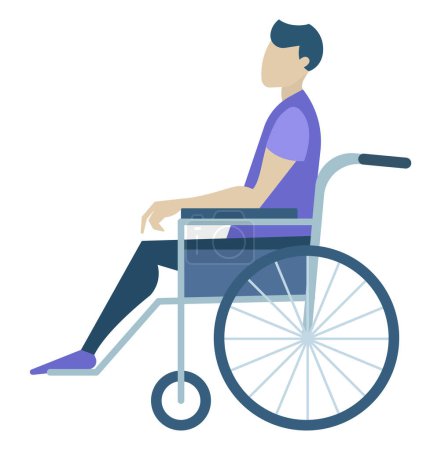 Illustration for Handicapped person character sitting in wheelchair. Man paralysis in chair with wheels. Side view of male character on transportation object isolated on white. Medical program and support vector - Royalty Free Image