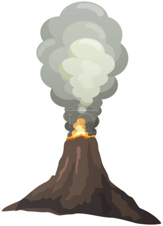 Illustration for Strong jet of effluent hot lava, white clouds over top. Erupting rock pinnacle volcano disaster with burning fire. Volcanic eruption mountain with magma. Volcano with lava vector illustration - Royalty Free Image