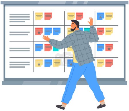 Illustration for Calendar schedule board with collaboration plan, stickers. Business man planning, scheduling work. People make timeline. Daily routine. leader sets tasks for subordinates. Company appointments - Royalty Free Image