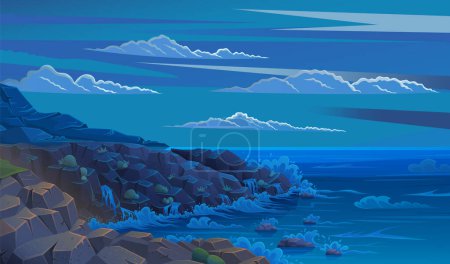 Illustration for Landscape with salty water on seashore. Waves hit rocks and spray scatters. Water surface of sea with stones. Ocean landscape, seascape in darkness. Vacation at sea and pastime in fresh air concept - Royalty Free Image