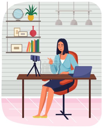 Illustration for Phone on tripod. People broadcasting, stream on smartphone. Live streaming. Video blog recording, woman blogger using mobile and tripod stand. Illustration of making videos for social media publishing - Royalty Free Image