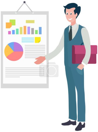 Man studies business finance statistics, bar chart graphic report. Business data analysis, financial research concept. Businessman works with statistical indicators, digital analytics technology