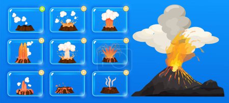 Illustration for Volcanic eruption stages set. Steaming volcano, hot burning magma approach, splash and spreading of lava. Vulcanology, geology, study of seismic activity concept. Erupting rock pinnacle volcano - Royalty Free Image