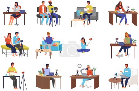 Illustration for Bloggers man and woman recording video for blog. Video call podcast concept. People with smartphone talking to friend on screen at online meeting. Distance learning at educational platform with tablet - Royalty Free Image