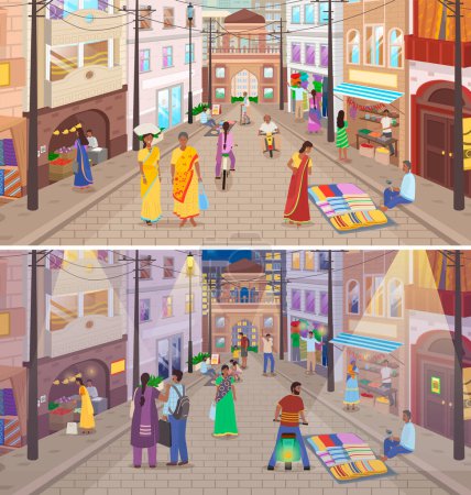 Illustration for Indian market with people and different shops with ancient cityscape at background. Ceramics, fabrics, carteps, spices, sweets, vegetables. Asian characters, oriental bazaar, authentic marketplace - Royalty Free Image