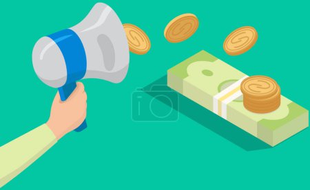 Ilustración de Advertising, social media promotion to increase profits. Finance performance of return on investment. Income salary rate increase, economic success. Hand holding loudspeaker stacks of coins and bills - Imagen libre de derechos