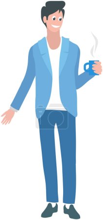 Téléchargez les illustrations : Young guy standing and talking isolated on white background. Man is looking at something behind him. Male alone character. Person stands in full growth holds cup in hand, makes gesture and speaks - en licence libre de droit