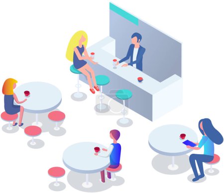Illustration for Cozy and relaxing coffee shop with people sit at tables. Customers inside modern cafe. Men and women resting in cafeteria. Friends meeting in coffeehouse. Colleague lunch break. Family in restaurant - Royalty Free Image