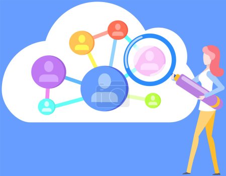 Ilustración de Woman working with user database in cloud storage, chatting with employees. Customer data management CDM , software or cloud online applications, organizations efficient access to customer - Imagen libre de derechos