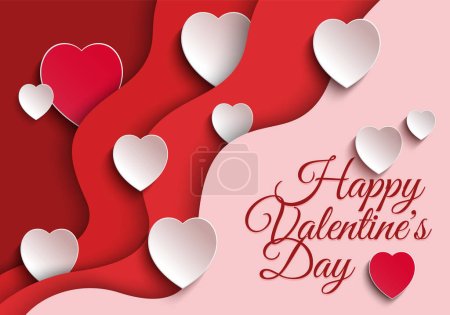 Happy Valentines day poster voucher. Beautiful paper cut white clouds with white heart frame on pink red background. White and red hearts. Papercut Valentine style. Place for text. Romantic greating