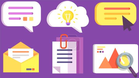Ilustración de Email communication and messaging, E-mail marketing campaign. Envelope, paper document, image gallery and chat bubble icons set. Information in newsletter in digital cover. Receives email via internet - Imagen libre de derechos