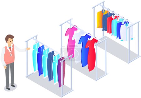 Ilustración de Choosing clothes in store, shopping concept. Male buyer chooses clothing in dressing room. Customer with dress hanging on hanger in mall. Man shopper stands in fitting room of store or boutique - Imagen libre de derechos