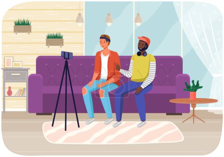Illustration for Phone on tripod. People broadcasting, stream on smartphone. Live streaming. Video blog recording, male blogger using mobile and tripod stand. Illustration of making videos for social media publishing - Royalty Free Image