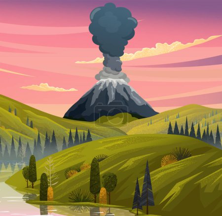 Illustration for Strong jet of effluent hot lava, white clouds over top. Erupting rock pinnacle volcano disaster with burning fire. Volcanic eruption mountain with magma. Volcano with lava vector illustration - Royalty Free Image