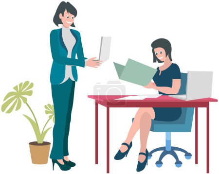 Women sit at table and communicate. Colleagues spend time together during work. Smiling employees discussing tasks at workplace. Working meeting, communication, dialogue, conversation concept