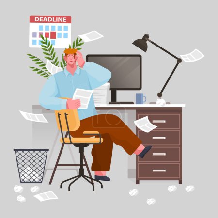Ilustración de Confusion and mess. Stressed man office worker spreading papers. Tired confused worker sits at table and scaredly holding his hand over his head. Home office workplace with computer and chaos - Imagen libre de derechos