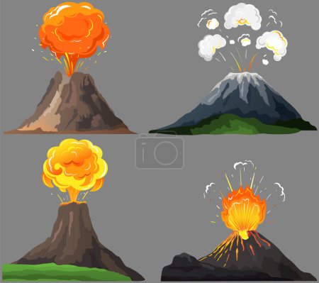 Illustration for Volcanic eruption stages set. Steaming volcano, hot burning magma approach, splash and spreading of lava. Vulcanology, geology, study of seismic activity concept. Erupting rock pinnacle volcano - Royalty Free Image