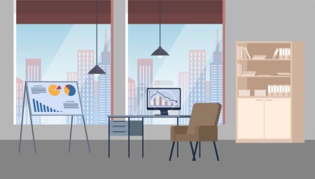 Illustration for Design of modern empty office working place front view desk, chair, computer, bookcase, panoramic window. Coworking space interior. Workplace of employees, open office, meeting room, boss office - Royalty Free Image