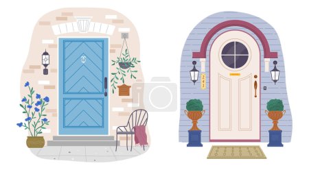 Téléchargez les illustrations : Set of different house entrances, porches and closed wooden modern doors, retro doorway. Entries to apartments with colored windows on facade. Flat vector exterior of house in different style - en licence libre de droit