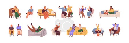 Ilustración de Happy smiling people sitting on sofas and chairs set. Happiness emotions. Funny laughing man and woman showing positive gestures. Happy male and female different lucky characters with pets at home - Imagen libre de derechos