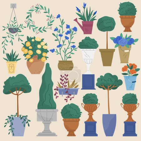 Illustration for Vector set of outdoor potted plants bushes, trees, flowers. Isolated garden design elements. Flowers, blossoms or trees growing in flowerpots, Street vases and pots. Decorative landscaping plants - Royalty Free Image