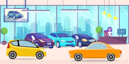 Car center, automobiles in store. Test drive, auto showroom, sale of luxury transport, distribution shop. Transport for purchase. Crossover, cross country car, station wagon with tinted glasses