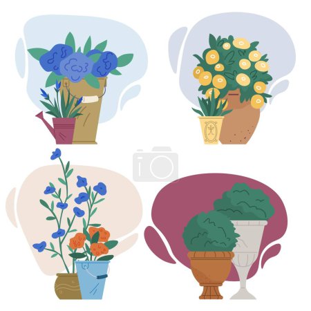 Téléchargez les illustrations : Indoor garden plants and fresh flowers in pot and watering can isolated on white. House growing potted houseplants set for greenhouse design. Landscape design elements, decor on terrace or threshold - en licence libre de droit