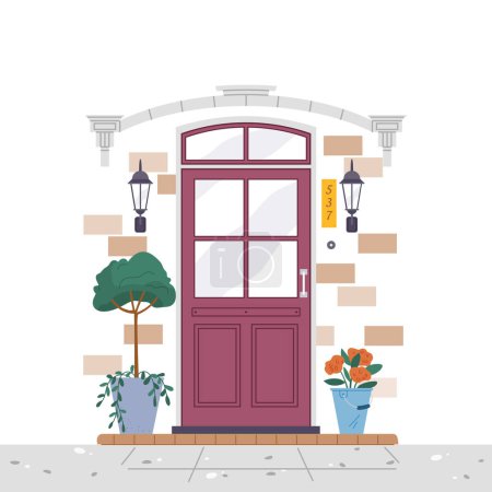Téléchargez les illustrations : Facade door house exterior entrance. Front view from street. Closed home entry exterior with potted flower plants, lamp, number plate. Doorway facade. Entries to apartments with green decoration - en licence libre de droit