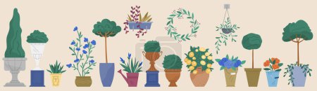 Téléchargez les illustrations : Indoor garden plants and fresh flowers in pot and watering can isolated. House growing potted houseplants set for greenhouse design. Landscape design elements, decor on terrace or threshold - en licence libre de droit