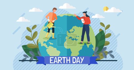 Save our planet earth, ecology eco environmental protection, climate changes, Earth Day April 22, planet with leaves vector emblem. Presentation of nature, health, eco lifestyle with globe and plants