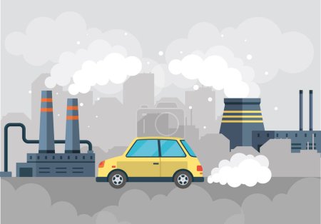 Illustration for Plant or industrial factory building and car with smoking chimneys, smoke in air, waste pollution. Manufacturing factory premice. Oil rig and industrial transport, exhaust gas car pollute environment - Royalty Free Image