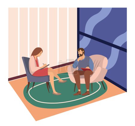 Ilustración de Pacientes en una recepción en las psicoterapias. Mujer hablando con psicoterapeuta o psicólogo y respondiendo preguntas. Un hombre se sienta en una silla y escucha los problemas del cliente. Psicoterapia familiar - Imagen libre de derechos